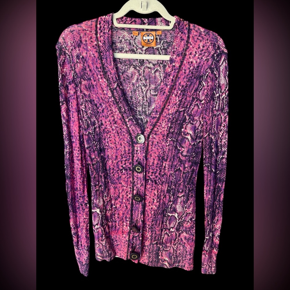 Tory Burch Vibrant Pink Snake Print Cardigan